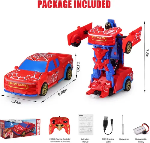 Vista 5 de Spider Transform RC Car para niños, camión a control remoto a control remoto rojo y azul con transformación de un botón, rotación de 360° y luces