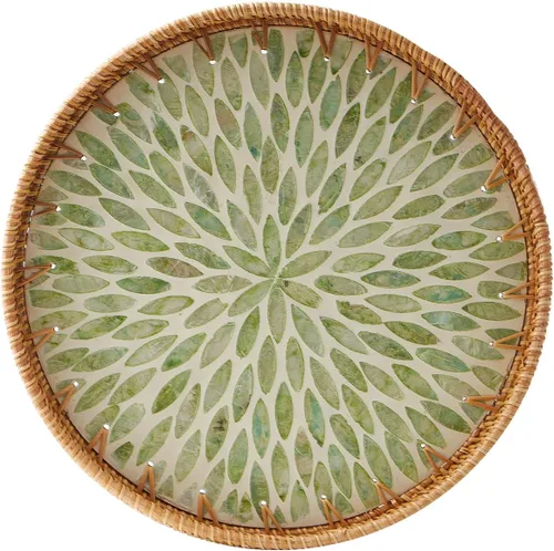 Vista 7 de Kmelep Bandeja redonda de ratán con incrustaciones de madreperla, bandeja de ratán con base de madera, cesta decorativa de mimbre para decoración