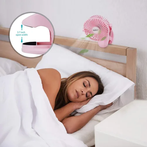 Vista 4 de SkyGenius Ventilador de cochecito de bebé con clip a pilas (rosa)