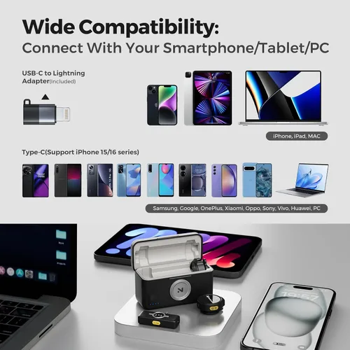 Vista 6 de NearStream Micrófono Lavalier inalámbrico para iPhone/Android, micrófono de solapa inalámbrico con Lightning/USB-C Plug-Play, cancelación de ruido