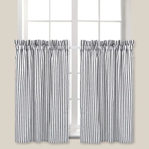 Vista 2 de Cortinas de café a rayas blancas y negras de 28 pulgadas de ancho x 24 pulgadas de largo, algodón tejido, juego de 2