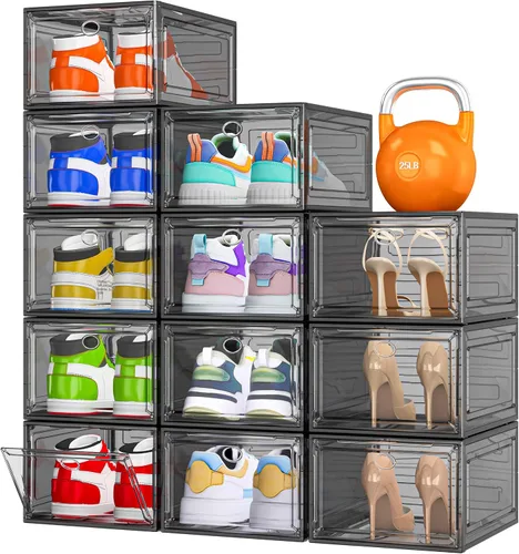 Vista 13 de Organizador de almacenamiento de zapatos de plástico transparente, grueso y resistente c/puerta magnética, cajas apilables, zapatero plegable