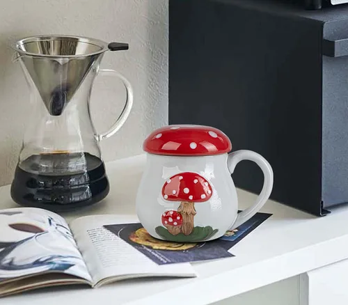 Vista 7 de Bonita taza de hongo con tapa, taza grande de cerámica para café y té, regalo divertido para mujeres