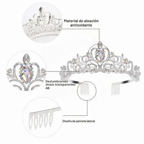 Vista 5 de KICOSY 296 956 Tiara y Coronas para Mujeres, 1 unidad (paquete de 1), Cristal Diamante falso A Sliver-AB