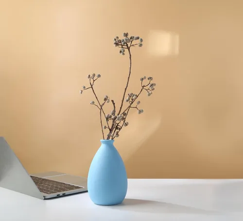 Vista 4 de Florero de cerámica, jarrón blanco para decoración del hogar, jarrón seco de estilo moderno, comedor, dormitorio, oficina (azul)