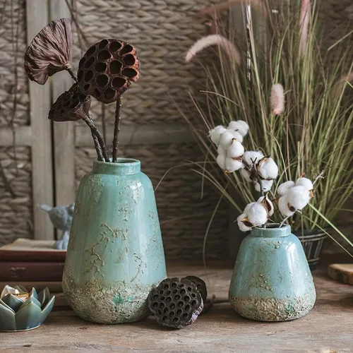 Vista 3 de Jarrones de cerámica turquesa de alcance rústico para oficina, cocina y decoración del hogar Florero bohemio moderno Jarrones decorativos