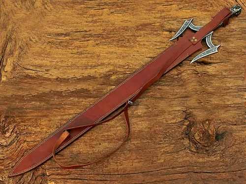 Vista 5 de Espada bárbara medieval de acero de Damasco, hoja de doble filo de acero de Damasco forjado a mano con funda de cuero.