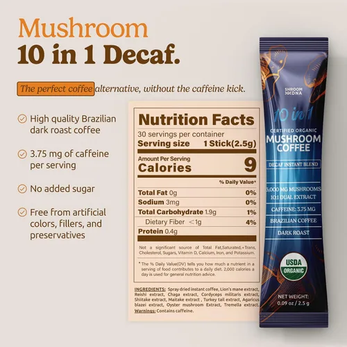 Vista 2 de ShroomDNA - Café de hongos descafeinado orgánico 10 en 1 certificado por USDA, café descafeinado instantáneo de hongos, tostado oscuro brasileño