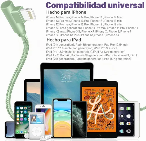 Vista 6 de Cargador para iPhone, paquete de 3 cables Lightning de 6 pies [certificado Apple MFi] Cable de carga rápida para iPhone de 90 grados, cable trenzado