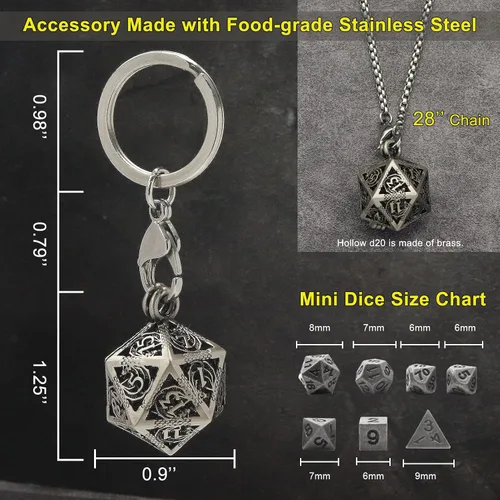 Vista 5 de Haxtec Mini Juego de Dados de Metal D&D con Estuche de Collar Hueco - Llavero Portátil de 7 Piezas Plata antigua