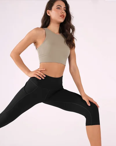 Vista 4 de ODODOS Leggings capri con cintura alta bolsillos control de abdomen para mujer no transparentan para yoga entrenamiento deportes y correr