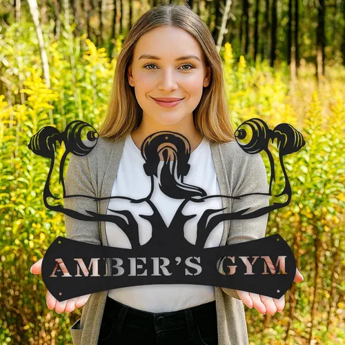 Vista 22 de Cartel de metal personalizado para gimnasio con nombre, arte de pared para sala de entrenamiento en casa, garaje, espacio de fitness, decoración
