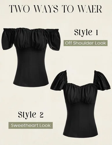 Vista 2 de Scarlet Darkness Camisa Renacentista para Mujer con Hombros Descubiertos y Mangas Cortas con Volantes, Blusa Campesina de Verano con Cuello Cuadrado