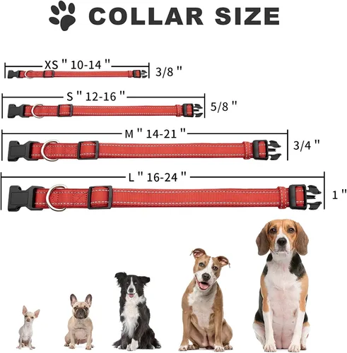 Vista 5 de Collar reflectante para perro con acolchado de neopreno suave, collar de nailon ajustable para perros pequeños, rojo, S