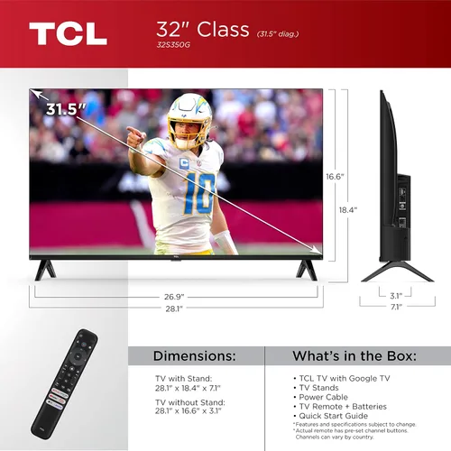 Vista 3 de TCL Smart TV Class S3 1080p LED de 32 pulgadas con Google TV (modelo 32S350G, 2023), Google Assistant integrado con control remoto de voz