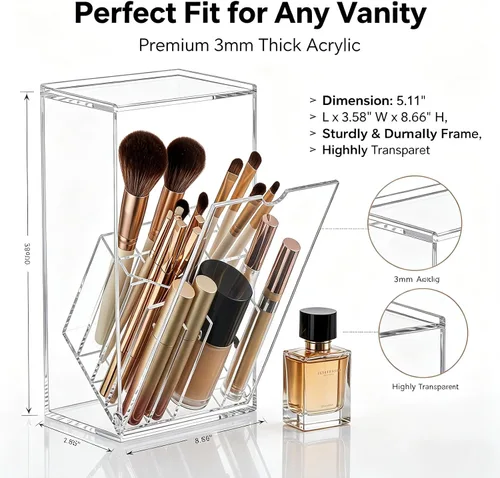 Vista 5 de VORA Soporte para brochas de maquillaje, organizador transparente para brochas de maquillaje con 17 ranuras, inclinable y abierto, agujero grande