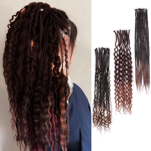 Vista 11 de Extensiones de rastas trenzadas bohemias de 24 pulgadas, 10 hebras de rastas sintéticas rizadas color marrón degradado con trenza de caja, rastas