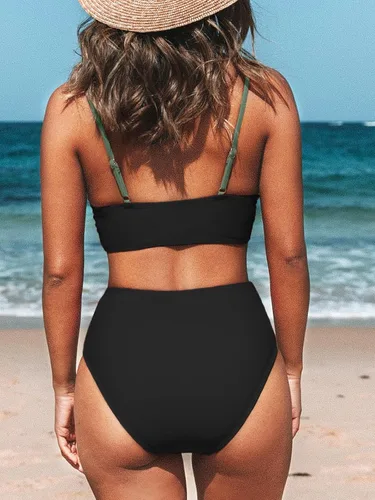 Vista 2 de CUPSHE Conjunto de bikini de dos piezas con cuello en V y cintura alta para Negro/Verde