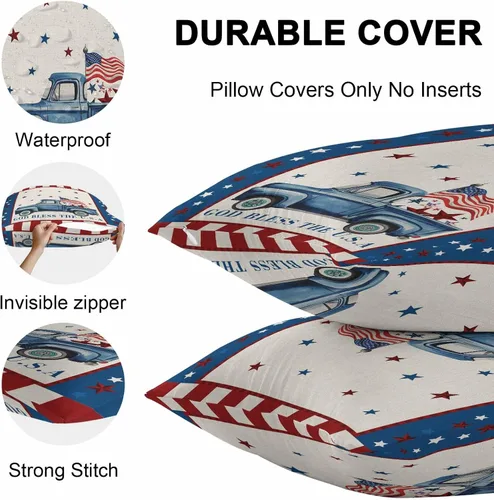 Vista 8 de Juego de 2 fundas de almohada para exteriores del Día de la Independencia, diseño de camión azul granja, bandera estadounidense, estrella