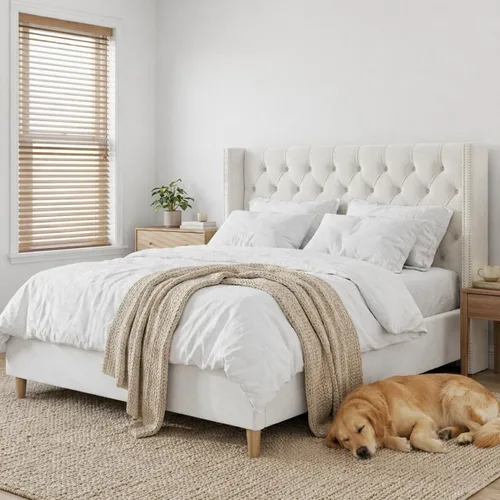 Vista 14 de Base de cama matrimonial con cabecera de almacenamiento con respaldo alado de 51.8 pulgadas, plataforma tapizada gris con estación de carga (tipo C)