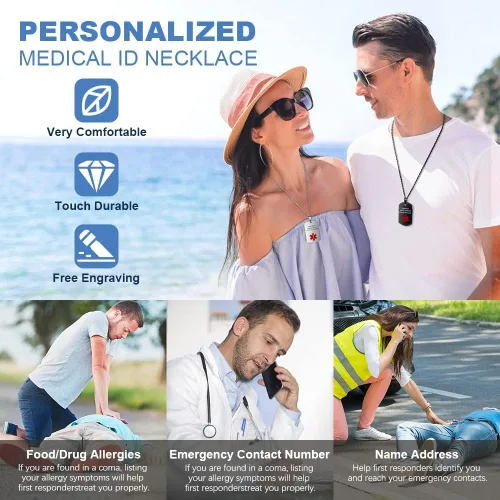 Vista 2 de LanM Collar de alerta médica para hombre, grabado con etiqueta de identificación médica, collar de alerta médica de emergencia para hombres