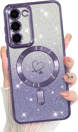 Vista 76 de Bonoma - Funda compatible con Samsung Galaxy S21 Plus, diseño de corazón con purpurina, color rosa Support for MagSafe, Plating Magnetic Case TPU