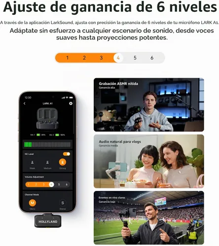 Vista 4 de Micrófono inalámbrico Hollyland Lark A1 para iPhone 17/16/15 y Android, 48kHz/24-bit, cancelación inteligente de ruido de 3 niveles, micrófono mini