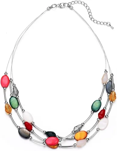 Vista 11 de PEARL&CLUB Collar de cristal en capas para mujer, gargantilla con cadena de plata gruesa, regalos de cumpleaños para mujer