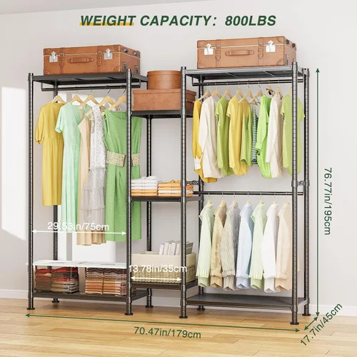 Vista 2 de LEHOM G6 Perchero resistente independiente con estantes, sistema de almacenamiento de armario de ropa de metal para colgar ropa, 76.8 pulgadas