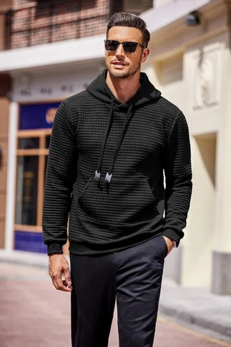 Vista 3 de COOFANDY - Sudaderas con capucha para hombre, manga larga, estilo waffle, tejidas, con bolsillo