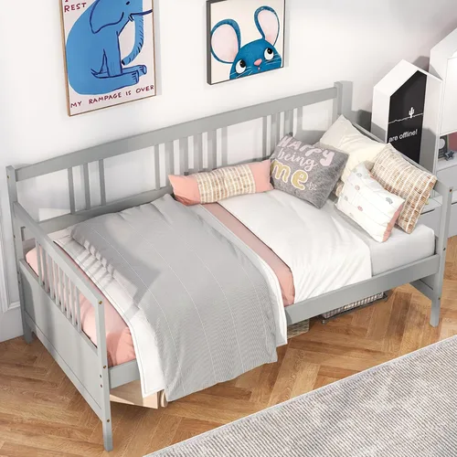 Vista 11 de KOMFOTT Marco de sofá cama de madera tamaño individual, marco de cama de sofá con soporte de listones de madera, no necesita somier, marco de sofá