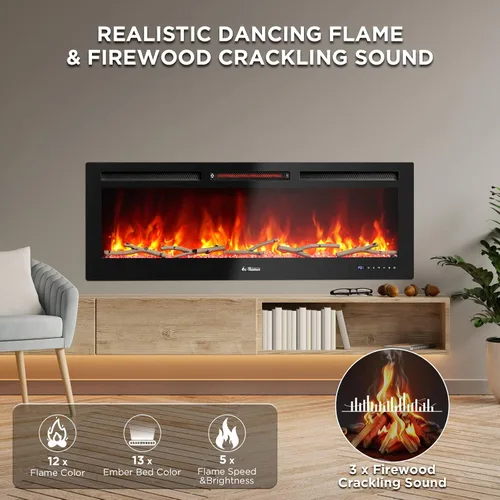 Vista 3 de TURBRO Chimenea eléctrica infrarroja inteligente WiFi de 50 pulgadas con sonido crepitante y llama realista, calentador de cuarzo de 1500 W