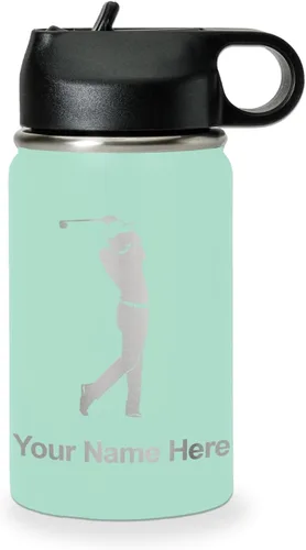 Vista 25 de LaserGram Botella de agua personalizada, golfista de golf, acero inoxidable de doble pared aislada al vacío con popote superior, regalo grabado Negro