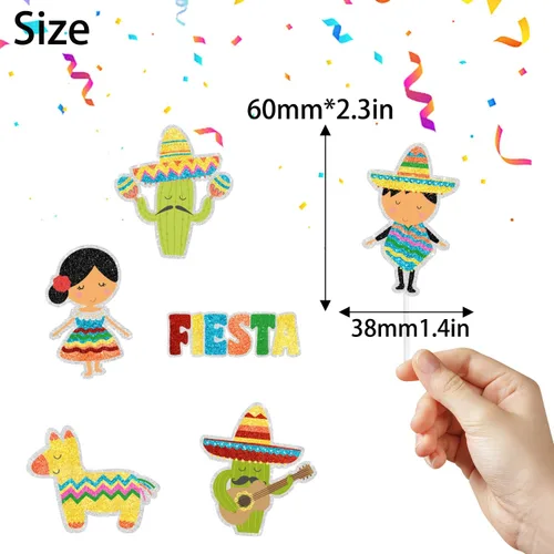 Vista 2 de Juego de 18 adornos para cupcakes de fiesta mexicana, perfecto para fiestas temáticas de cumpleaños, baby shower para niños o niñas