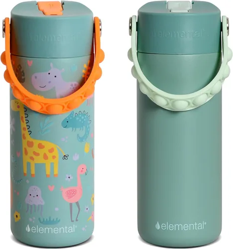 Vista 40 de Elemental Botella de agua aislada para niños, botella de agua de acero inoxidable con tapa de popote y asa Pop-it, botellas de agua a prueba