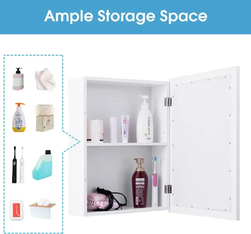 Vista 7 de GOFLAME Botiquín de baño, armario de almacenamiento con espejo de montaje en pared con una sola puerta y estante ajustable, organizador de madera