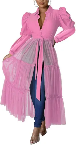 Vista 7 de Ekaliy Blusa sexy para mujer, manga larga con volantes, con botones, de malla transparente, maxi vestido con cinturón