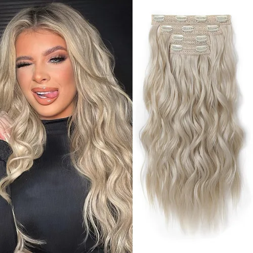 Vista 20 de REECHO Extensiones de cabello con pinza, 4 piezas de extensiones de cabello rubio de 24" de largo, ondas de playa gruesas, HE003, trama de encaje