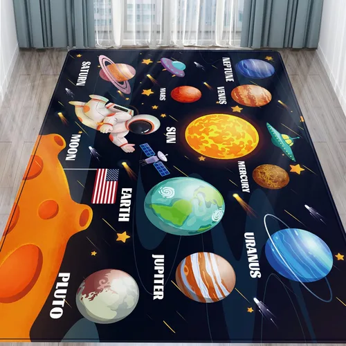 Vista 7 de Alfombra de juegos para niños, alfombra de espacio exterior del sistema solar, alfombra educativa para niños, alfombra de juego para niños