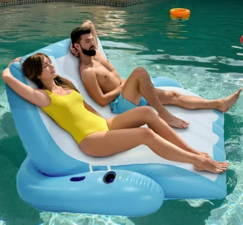 Vista 4 de 4E's Novelty Flotador inflable para dos personas con soporte para tazas, tumbona de alta resistencia para adultos, flotadores flotantes flotantes