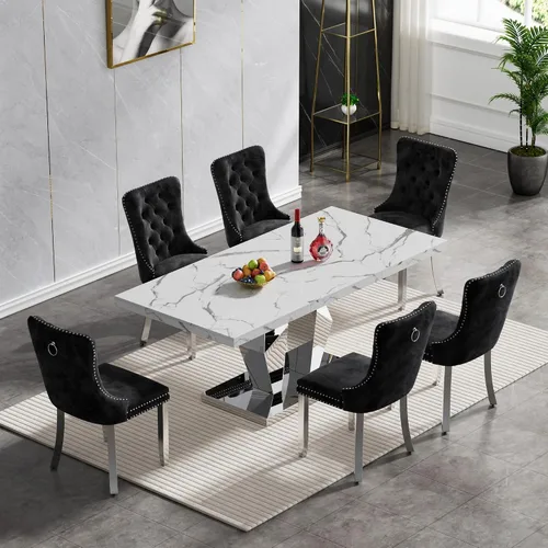 Vista 14 de Juego de mesa de comedor de mármol sintético, 7 piezas, juego de mesa de cocina y comedor para 6, mesa de comedor rectangular blanca de 70 pulgadas