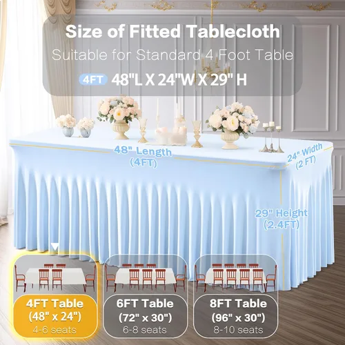 Vista 3 de Paquete de 2 manteles color azul bebé para mesa rectangular de 4 pies, manteles de elastano elásticos de 4 pies, falda blanca rectangular para baby