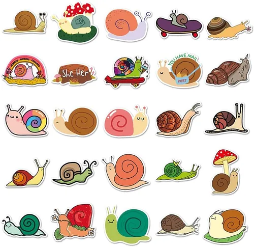 Vista 3 de Calcomanías de vinilo de caracol de dibujos animados, 50 calcomanías impermeables de animales ilustrados para portátiles, álbumes de recortes
