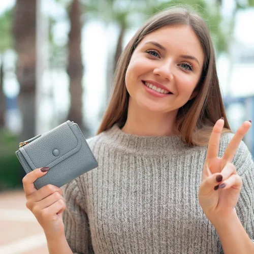 Vista 6 de Pequeña cartera linda para mujeres adolescentes y niñas con protección RFID, Azul, Minimalista
