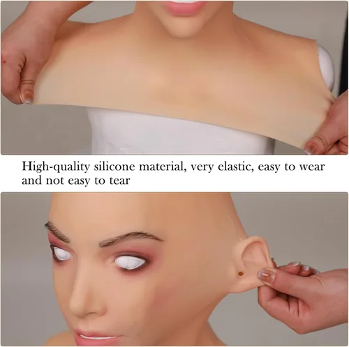 Vista 3 de MOTLEYBEAN Máscara de silicona realista máscara femenina belleza cara con cuello para Halloween Crossdresser Cosplay