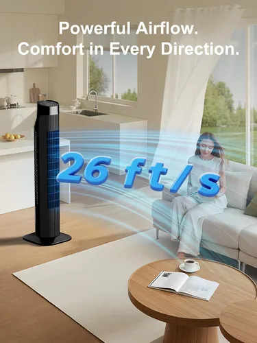 Vista 2 de Uthfy Ventilador de torre para dormitorio, ventilador oscilante de 120° con modo de sueño silencioso, 3 velocidades y 3 modos, temporizador 7.5H