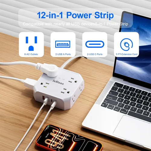 Vista 2 de Protección contra sobretensiones y regleta de enchufes, 8 tomas con 4 puertos USB (2 USB C), extensor de enchufes de 4 lados de 1050J con cable