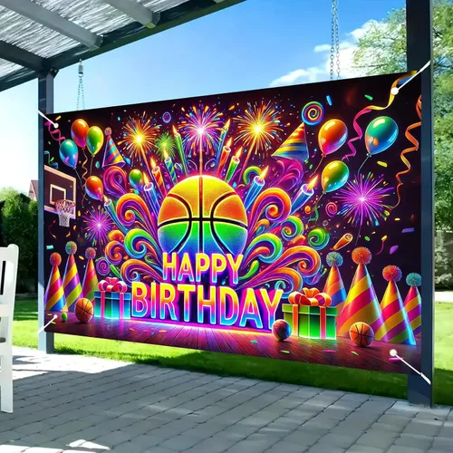 Vista 6 de Nuxovilar - Cartel de feliz cumpleaños de baloncesto neón de 71 x 43 pulgadas Fondo de baloncesto neón de alta energía para noches