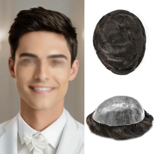 Vista 114 de Toupee para hombres Sistema de reemplazo de cabello humano real para hombres Completo PU Mens Hairpiece de aspecto natural para hombre piezas