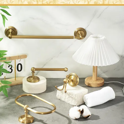 Vista 7 de Juego de 4 Piezas de Accesorios de Baño de Latón Antiguo Dorado Montados en la Pared Toallero y Anillo para Toallas y Portapapel Higiénico y Gancho